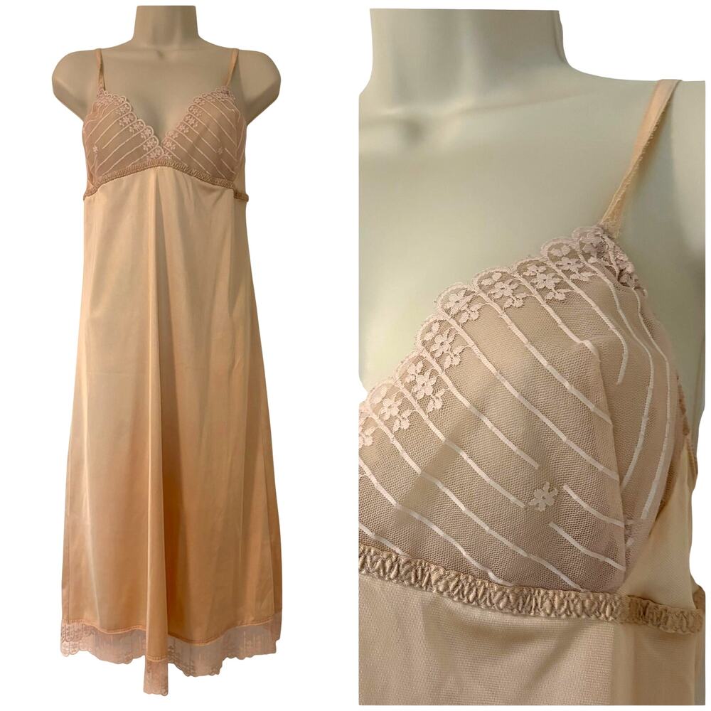 Vintage 70s Kaystar Midi Slip Dress Beige Pink Size 34/ Small Made in USA